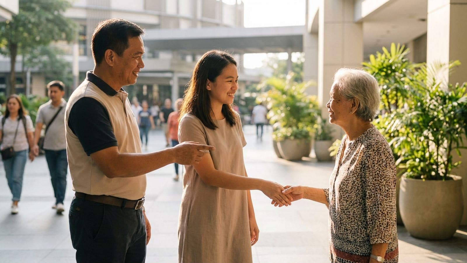 A smiling young woman shakes hands with an older woman outside a building while a man beside her gestures as he introduces them