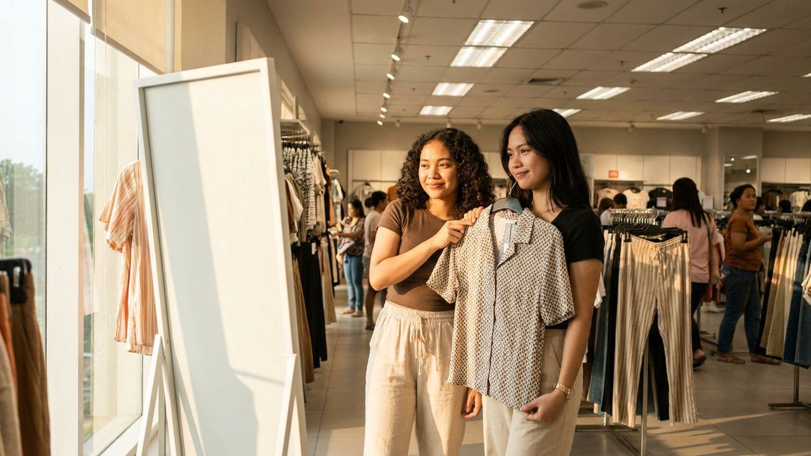 Two young women in a sunlit clothing store hold a patterned short-sleeved blouse up to a standing mirror
