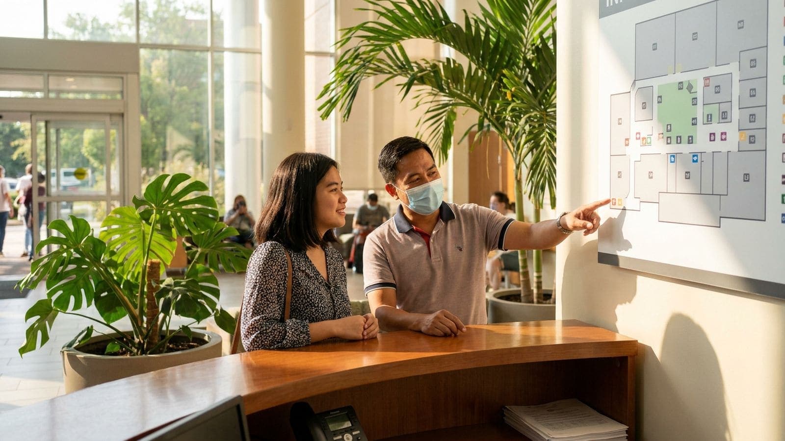 A man in a face mask points at a floor map on the wall while a young woman beside him looks on, at the reception desk of a sunlit hospital lobby