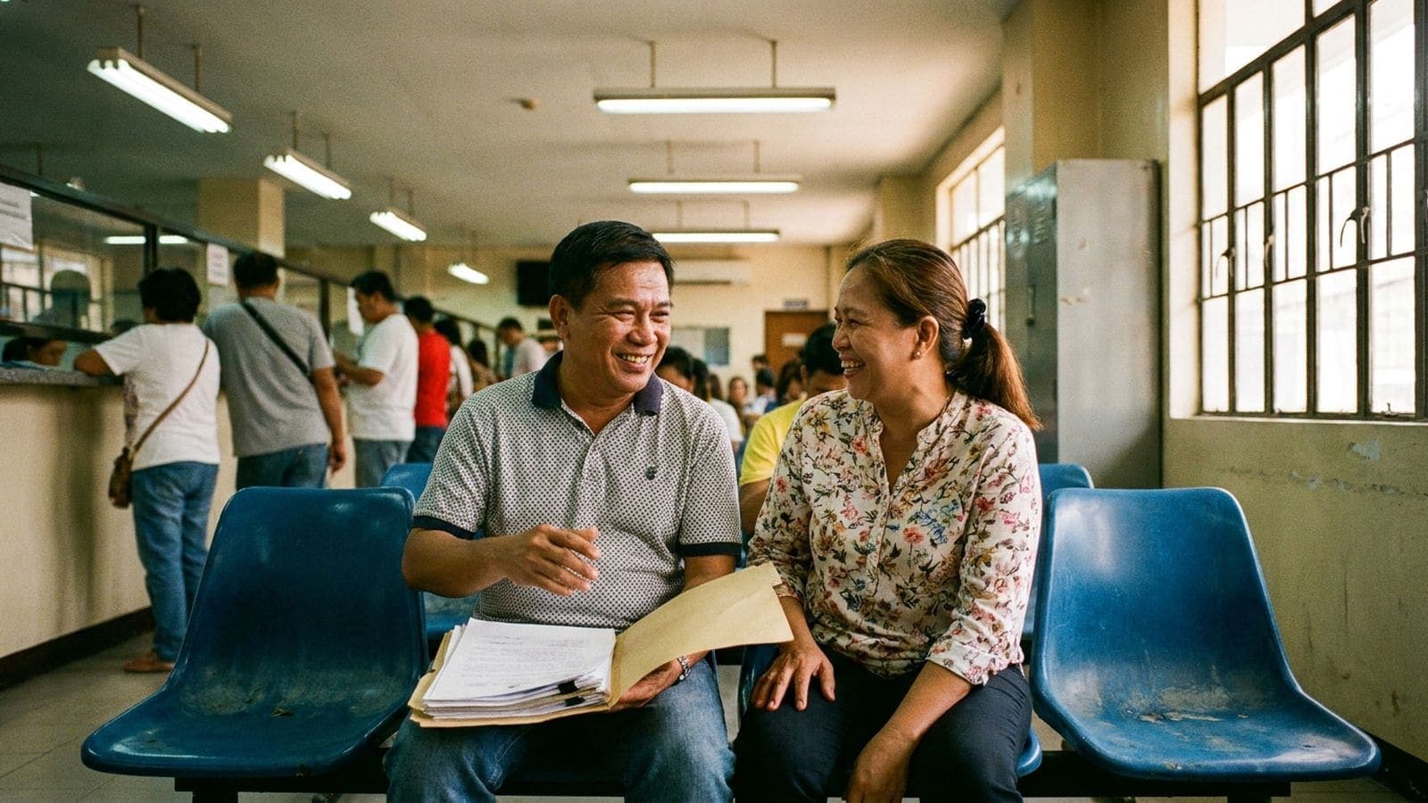 A smiling man and woman sit on blue plastic chairs in a busy government office, the man holding a thick folder of documents