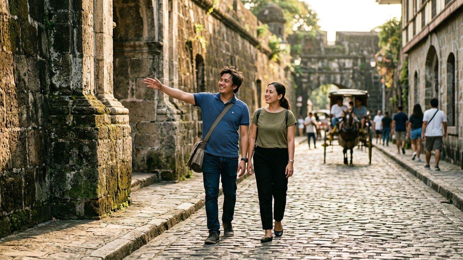 A guide points out the old stone walls to a visitor on a cobbled Intramuros street, a horse-drawn kalesa behind them