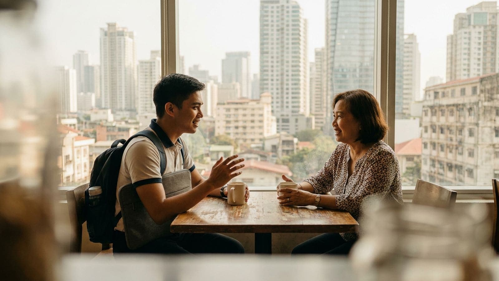 A young man with a backpack and a laptop sleeve talks with an older woman over coffee at a window table, Manila high-rises behind them