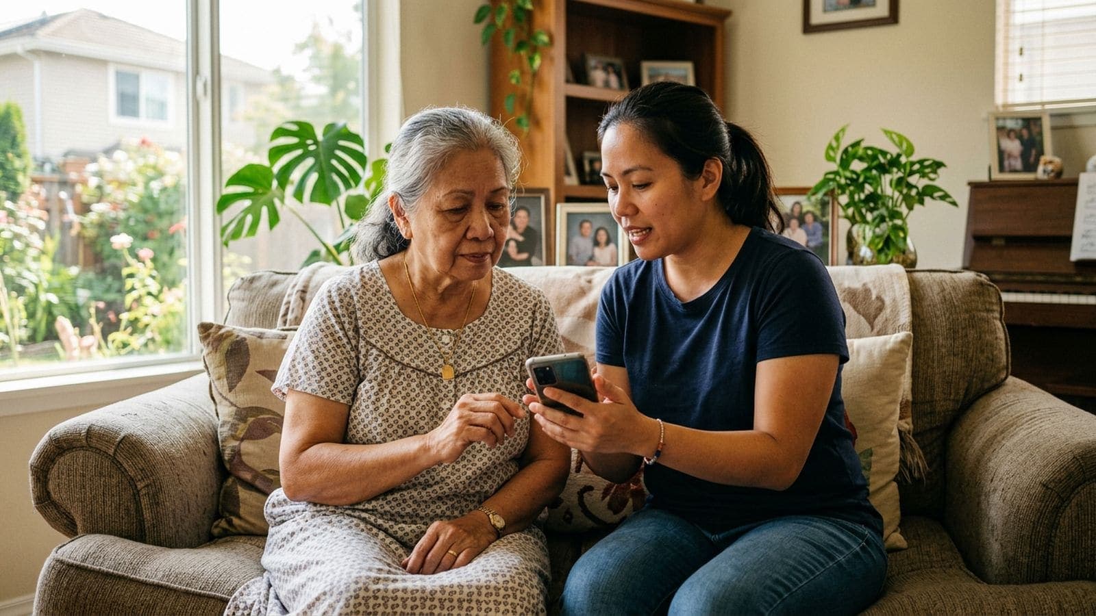 A younger woman shows an older woman something on a phone as they sit side by side on a living room sofa