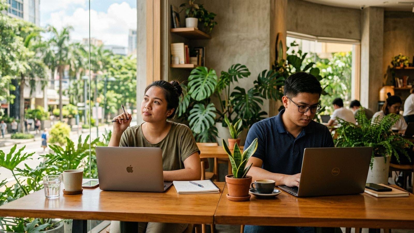 Two people work on laptops at a long wooden table in a plant-filled cafe, one of them looking out the window with a pen in hand