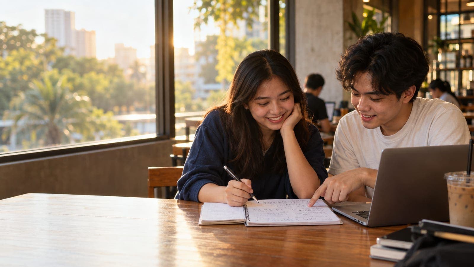 A young man points at a notebook of handwritten equations while a smiling student takes notes beside him at a cafe table with a laptop, in late afternoon light