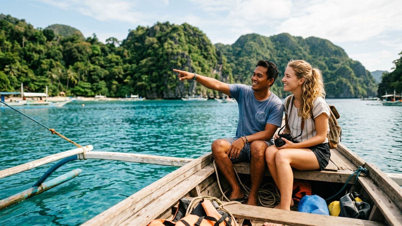 A local guide points across turquoise water from the bow of an outrigger boat while a visitor holding a camera looks on, limestone islands behind them