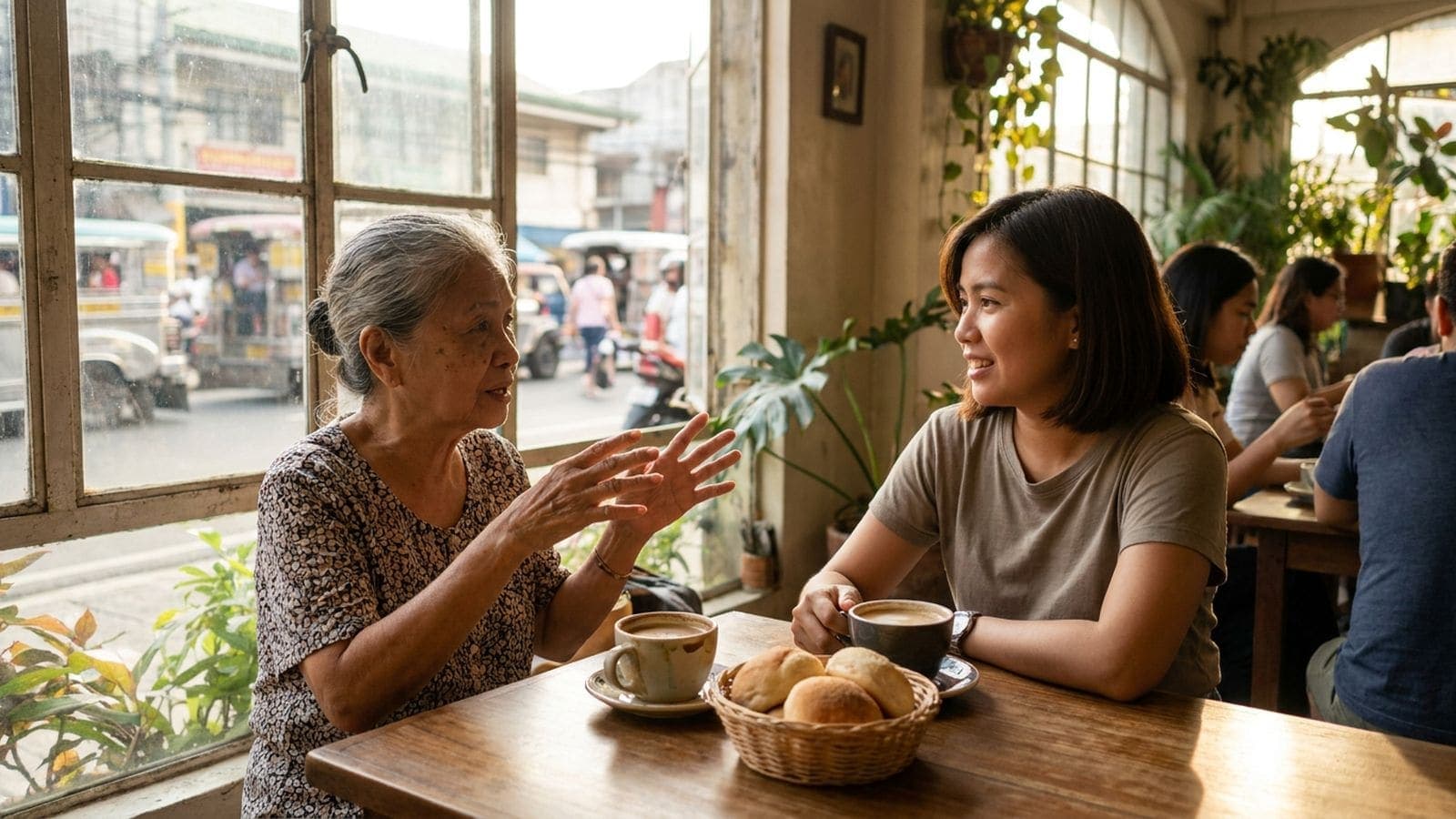 An older woman talks with her hands while a younger woman listens across a cafe table with coffee and a basket of bread rolls, jeepneys passing outside the window