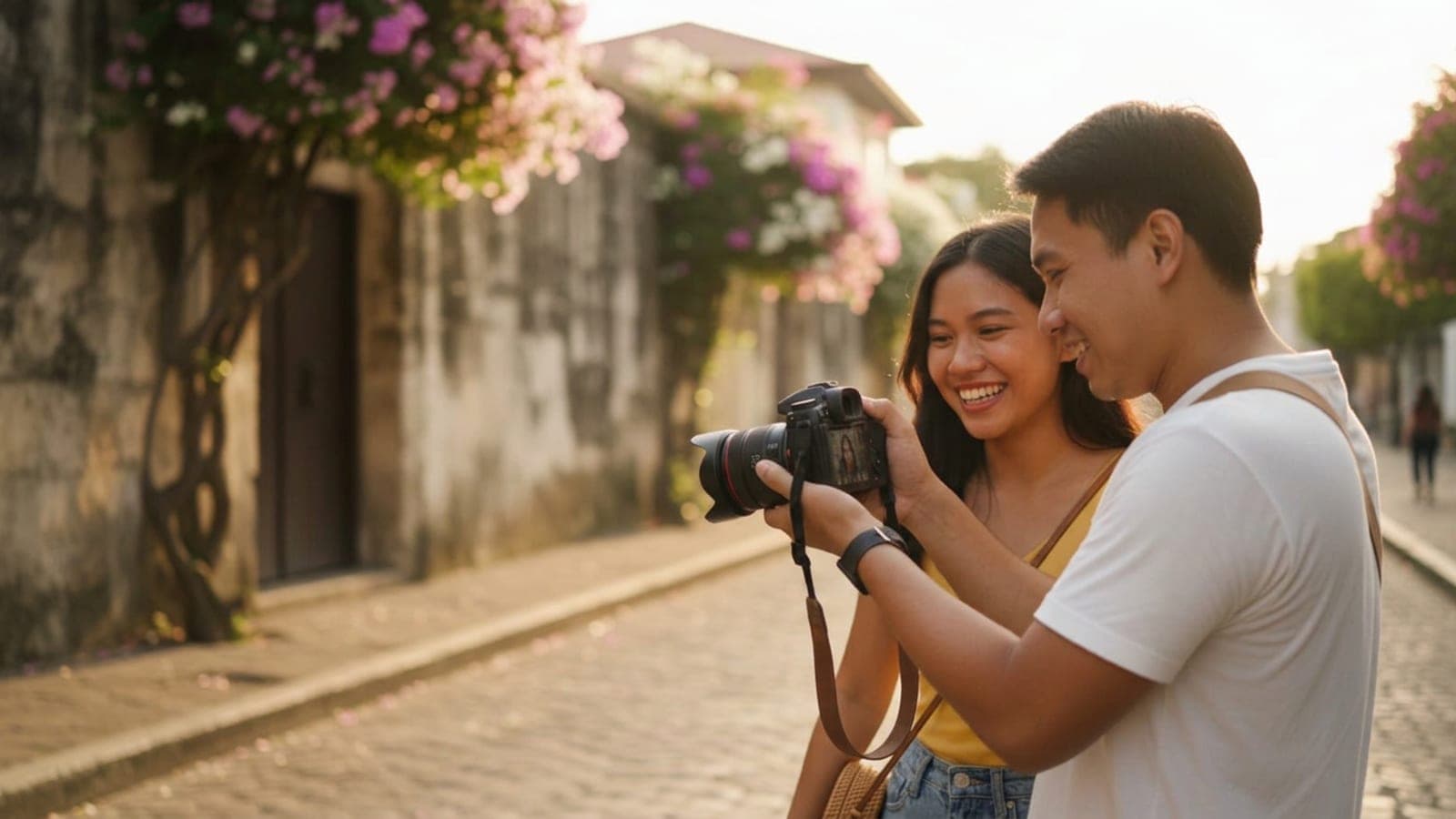 A photographer shows a smiling client the portrait he just took on his camera screen, on a sunlit Intramuros street