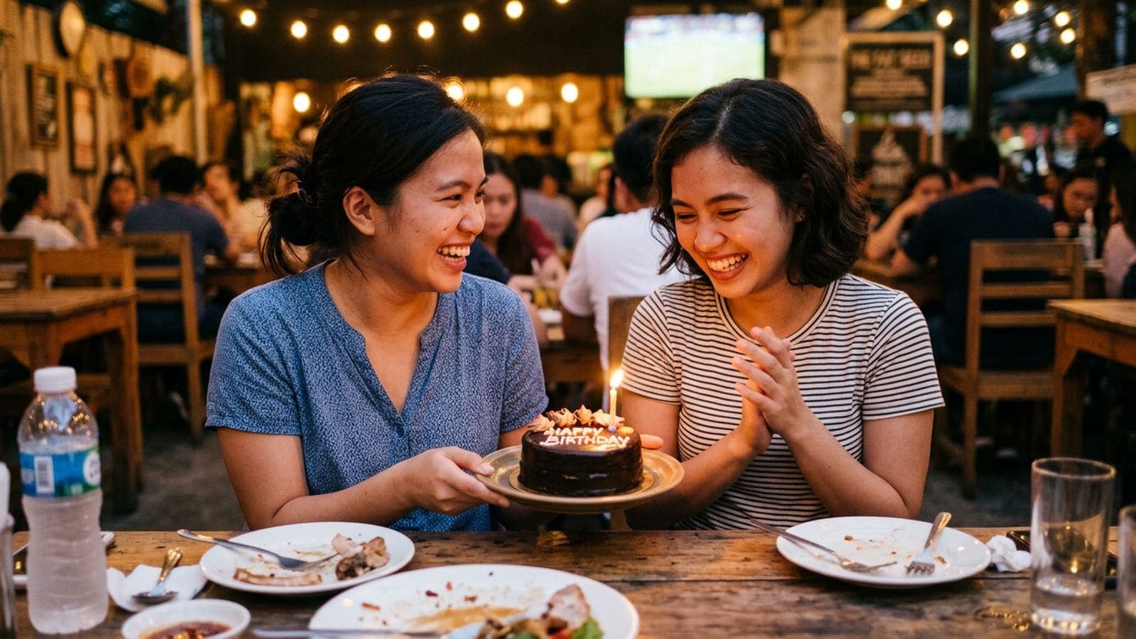 Two women laugh at a restaurant table as one holds up a small chocolate cake with a lit candle and Happy Birthday piped on top