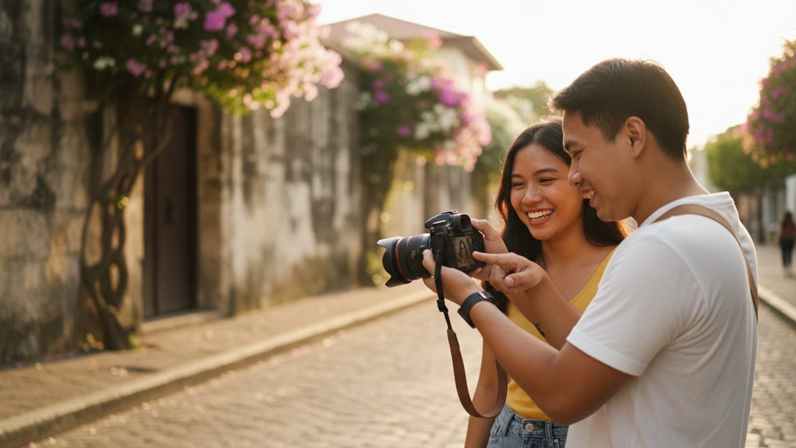 A photographer shows a smiling client the portrait he just took on his camera screen, on a sunlit Intramuros street