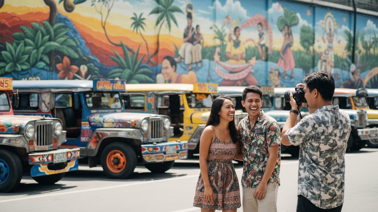 A photographer takes travel portraits of two friends posing in front of colorful jeepneys and a street mural in Manila