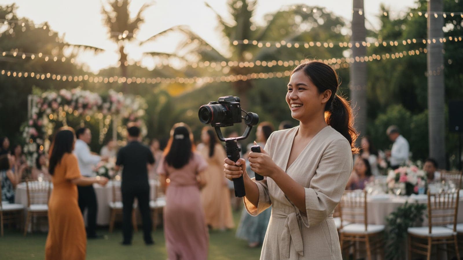 A videographer films a garden wedding reception with a mirrorless camera on a gimbal at golden hour