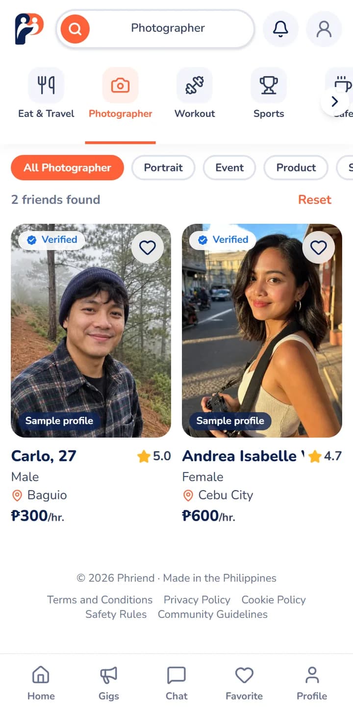 The Phriend app filtered to the Photographer category, showing verified profiles with hourly rates