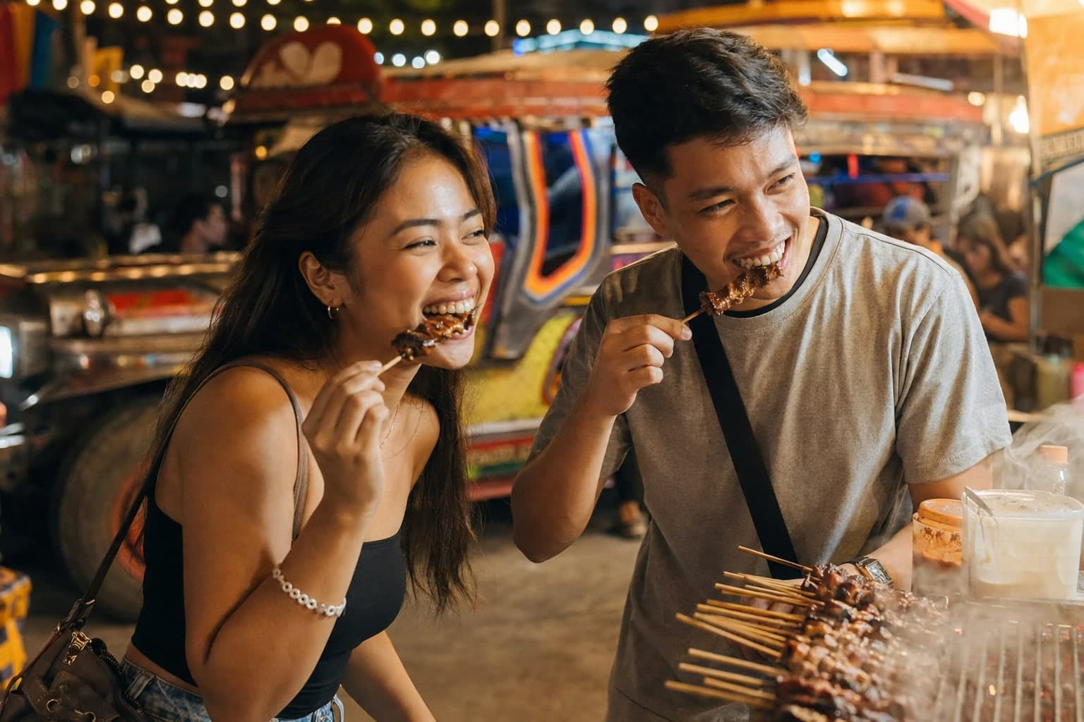 Two friends laughing over grilled skewers at a night street-food stall, a jeepney behind them
