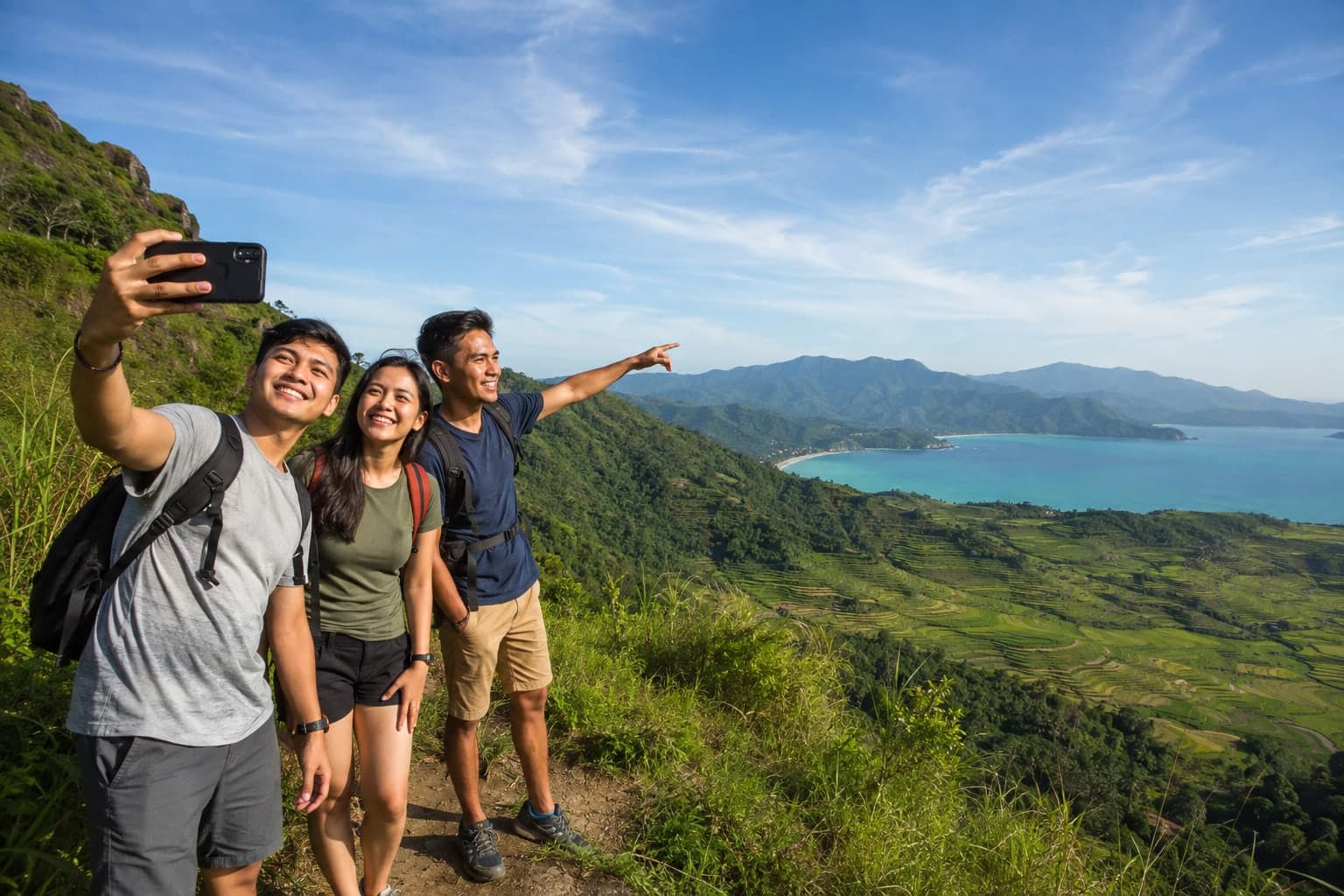 Three friends taking a selfie on a hilltop trail above rice terraces and the sea