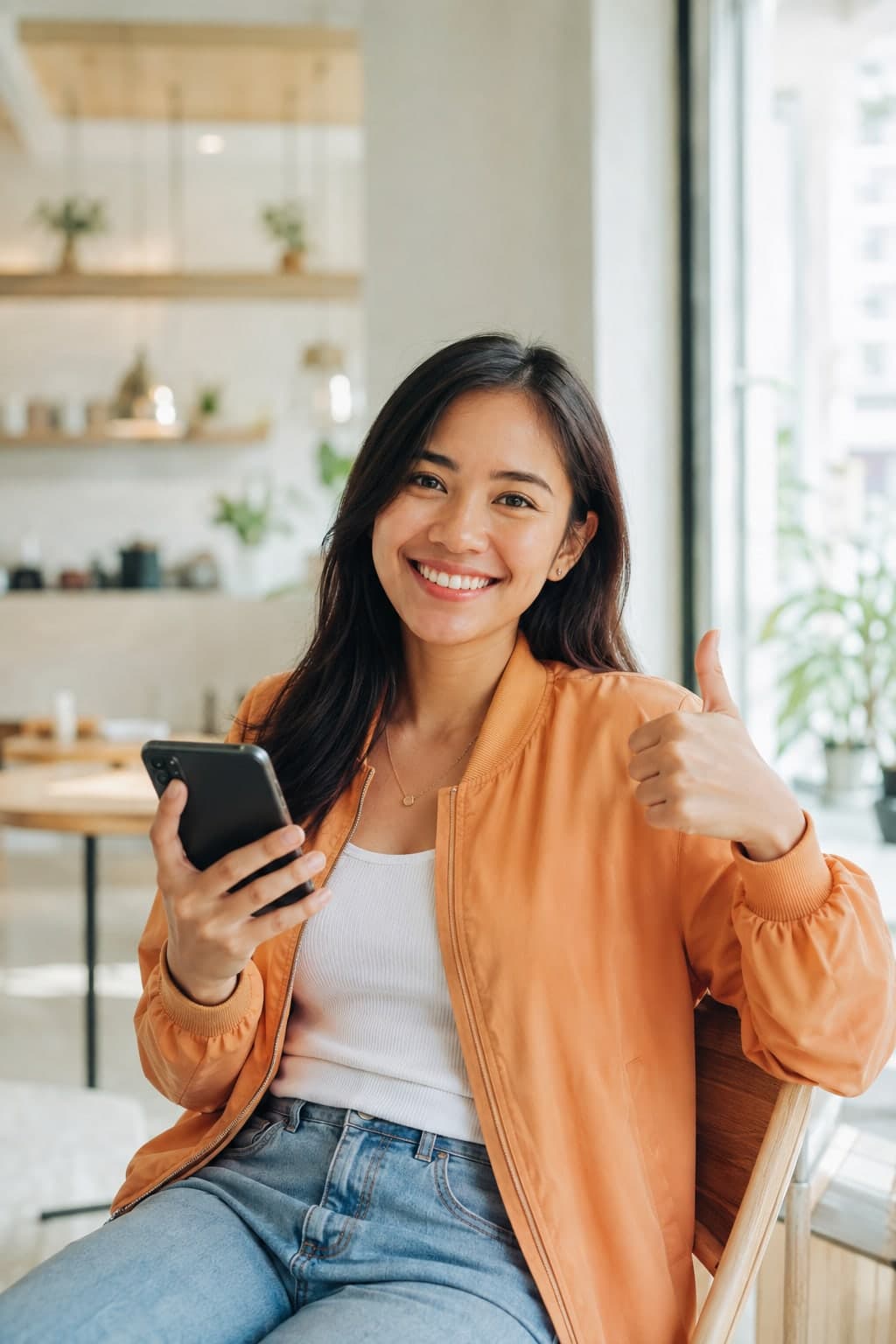 A smiling woman in a cafe holding her phone and giving a thumbs up
