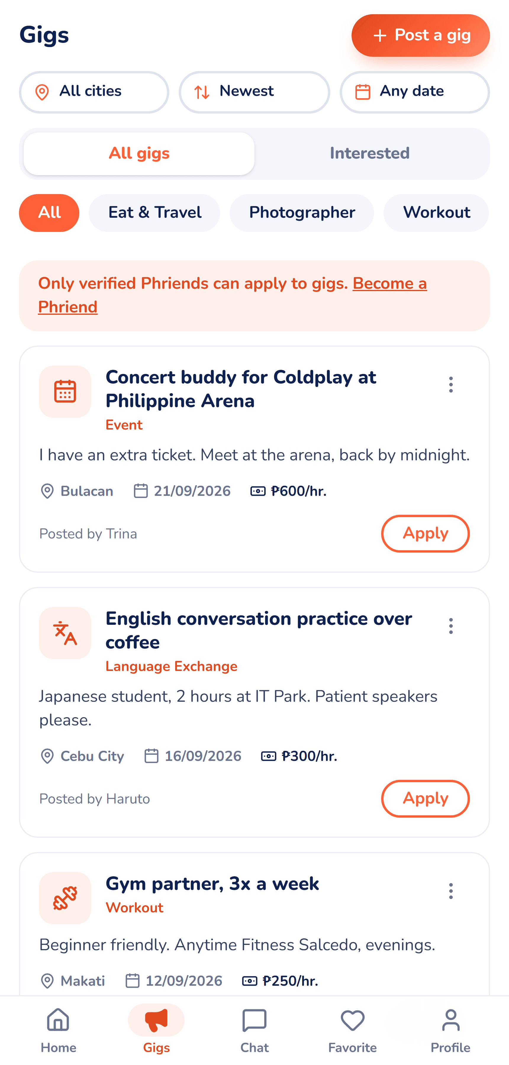 The Gigs screen listing what clients need, each with an activity, city, date and budget per hour