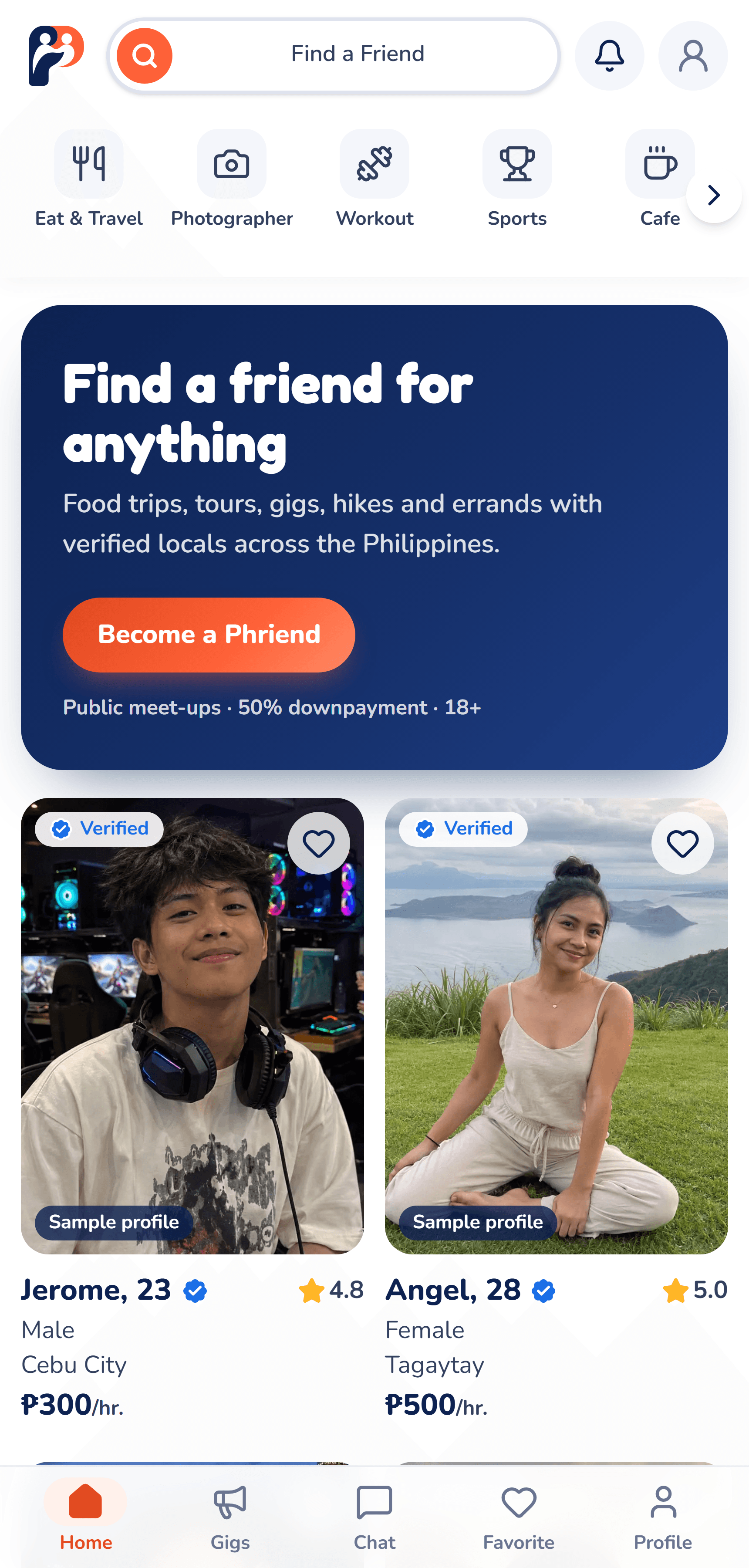 Phriend app home screen with a search bar, activity categories and verified profiles with hourly rates