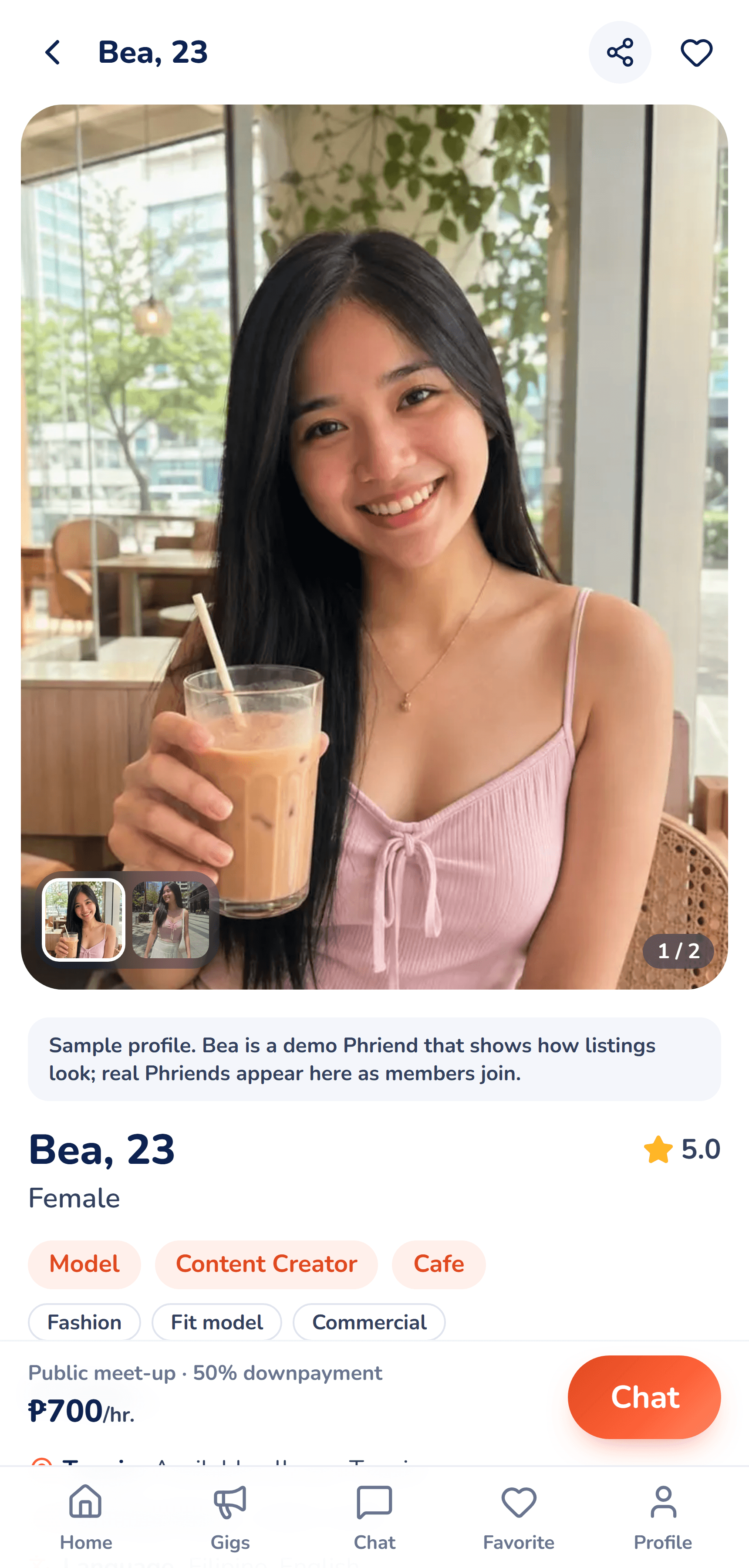 A Phriend profile in the app showing photos, a star rating, activity tags, an hourly rate and a Chat button
