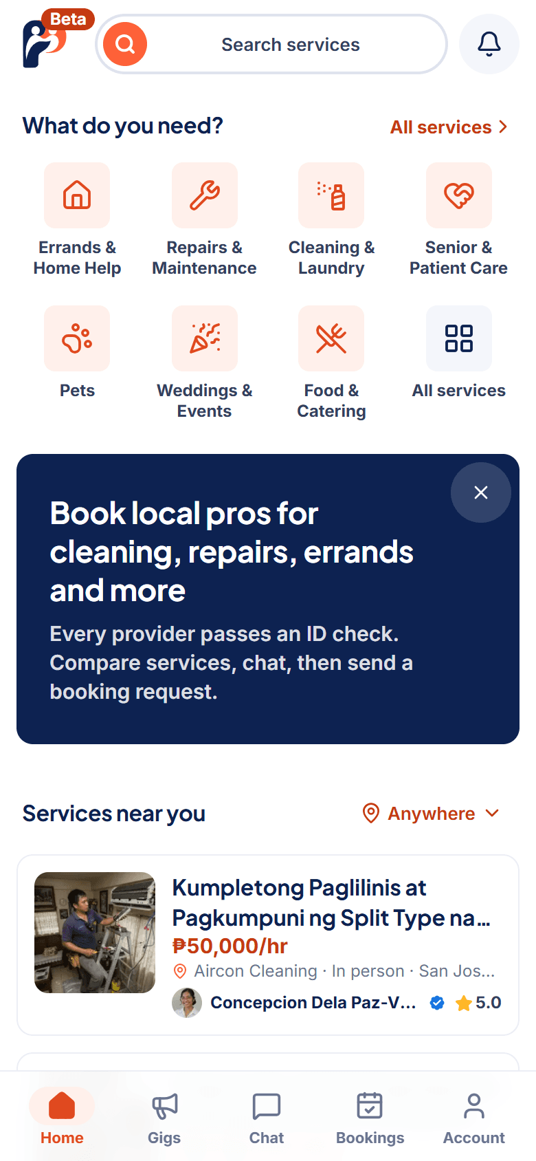 The Phriend app home screen: a search bar asking what you need help with, the service groups from errands to food and catering, and services near you