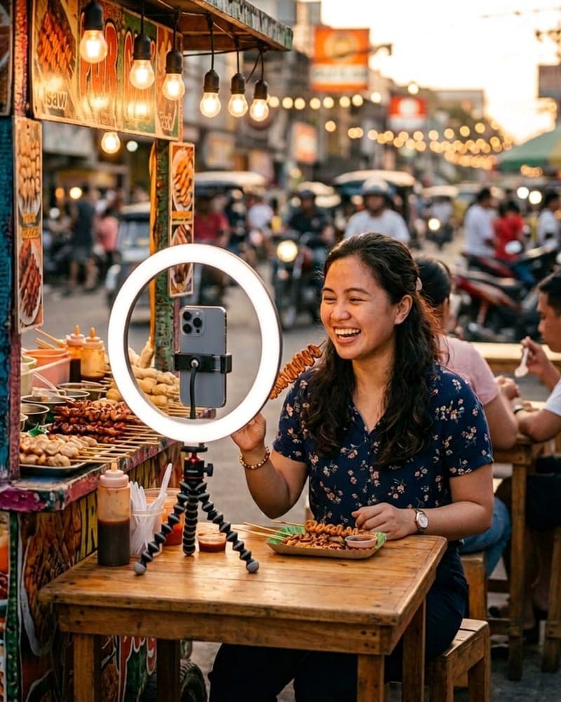 A creator filming vertical video of herself on a phone in a ring light at a street food stall