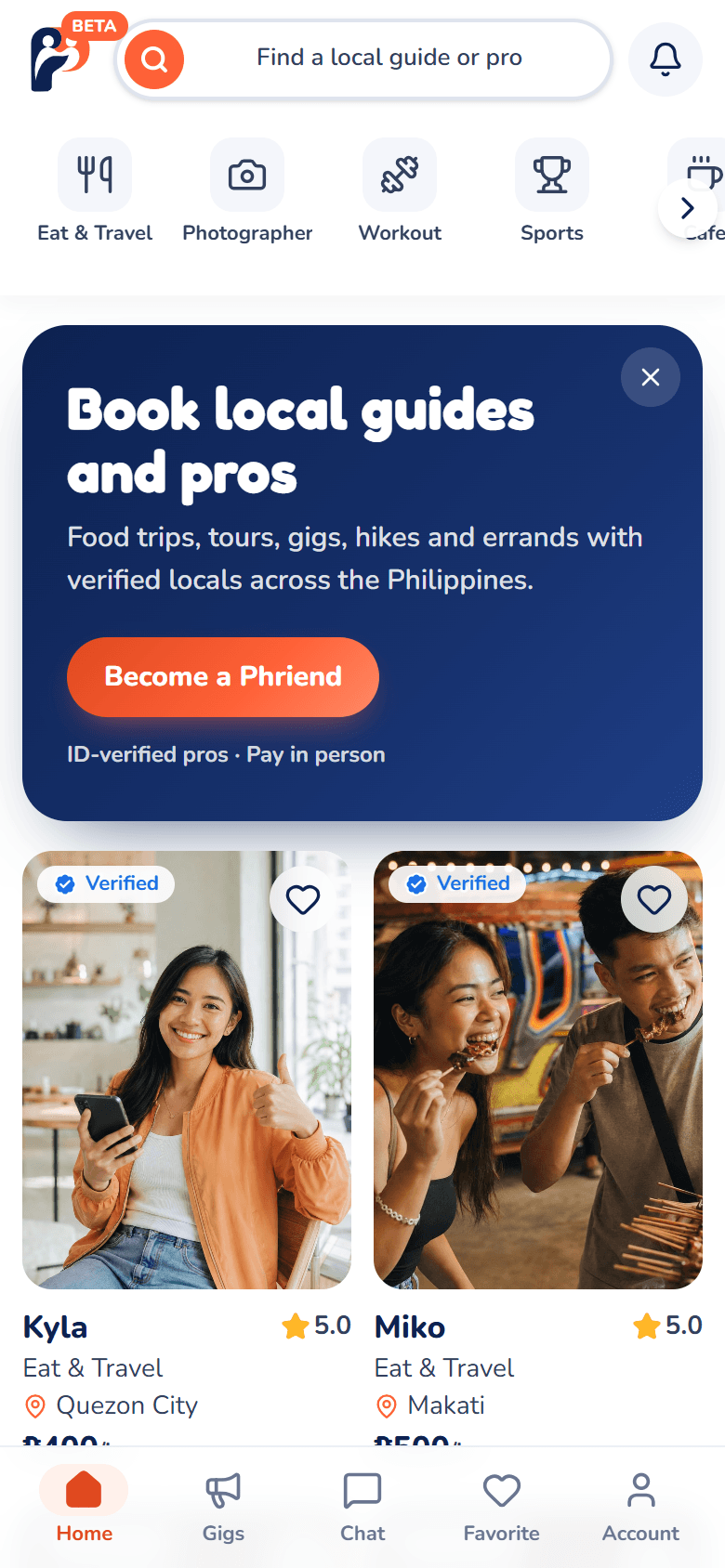 The Phriend home screen: a search bar, service categories and verified local pros with their hourly rate